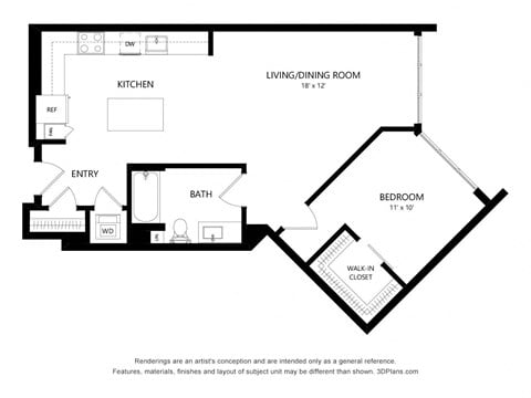 Floor plan for 1 bed, 1 bath, 864 sqft
